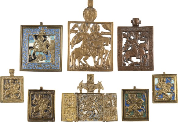 Bild ACHT BRONZE-IKONEN MIT REITER-HEILIGEN: GEORG DER DRACHENTÖTER, BORIS UND GLEB SOWIE DEMETRIUS