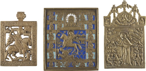 Auktion 138<br>DREI BRONZE-IKONEN: HEILIGER GEORG DER DRACHENTÖTER, GOTTESMUTTER FREUDE ALLER LEIDENDEN SOWIE HEILIGER DEMETRIOS
