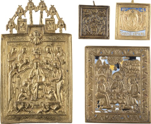 Auktion 138<br>VIER BRONZE IKONEN: ERWEITERTE DEESIS, MANDYLION SOWIE HEILIGE DREIFALTIGKEIT