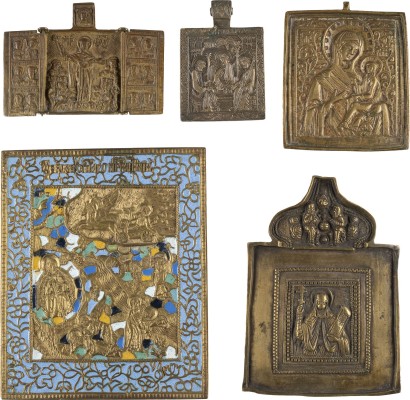 Auction 138<br>EINE SIGNIERTE BRONZE-IKONE MIT DER HEILIGEN PARASKEWA SOWIE DREI WEITERE BRONZE-IKONEN: GNADENBILDER DER GOTTESMUTTER UND PROPHET ELIAS
