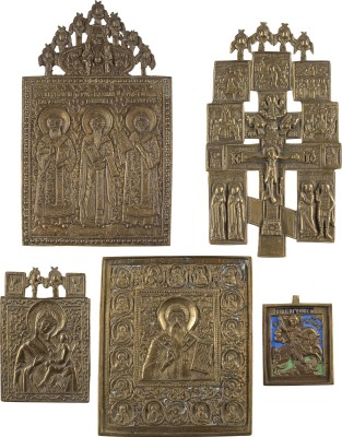 Auction 138<br>FÜNF BRONZE-IKONEN: GOTTESMUTTER VON TICHWIN 'TICHWINSKAJA', AUSGEWÄHLTE HEILIGE SOWIE EIN ERWEITERTES KRUZIFIX