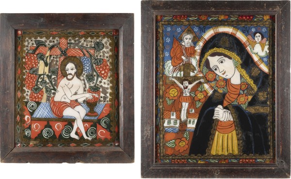 Auktion 138<br>ZWEI GROSSE HINTERGLAS-IKONEN: TRAUERNDE GOTTESMUTTER UND CHRISTUS DER WEINSTOCK