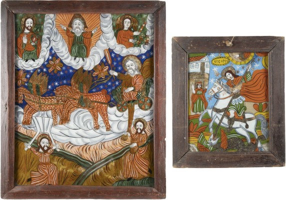 Auktion 138<br>ZWEI HINTERGLAS-IKONEN: HEILIGER GEORG DER DRACHENTÖTER UND DIE HIMMELFAHRT DES PROPHETEN ELIAS