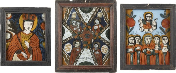 Auktion 138<br>DREI HINTERGLAS-IKONEN: DATIERTE IKONE DER HIMMLISCHEN TAFEL, HEILIGE PARASKEVE SOWIE CHRISTI HIMMELFAHRT