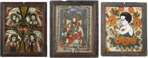 Auction 138<br>DREI HINTERGLAS-IKONEN: CHRISTUSKNABE, DIE HIMMLISCHE TAFEL, GEKRÖNTE GOTTESMUTTER MIT DEM KIND