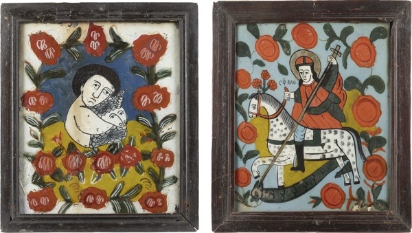 Auction 138<br>ZWEI HINTERGLAS-IKONEN: HEILIGER GEORG DER DRACHENTÖTER, JOHANNESKNABE MIT DEM LAMM GOTTES