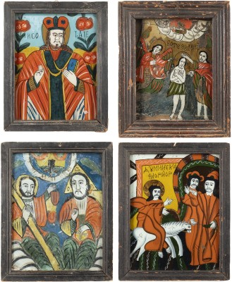 Auction 138<br>VIER HINTERGLAS-IKONEN: HEILIGE DREIFALTIGKEIT, JESU EINZUG IN JERUSALEM, HEILIGER NIKOLAUS UND TAUFE CHRISTI