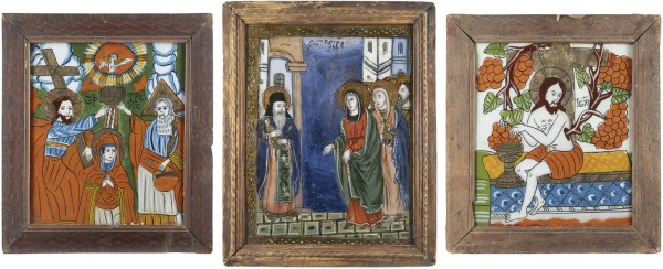 Auktion 138<br>DREI HINTERGLAS-IKONEN: DARSTELLUNG IM TEMPEL, CHRISTUS DER WEINSTOCK UND KRÖNUNG DER GOTTESMUTTER