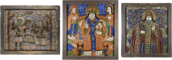 Auktion 138<br>DREI GROSSE HINTERGLAS-IKONEN MIT DEM HEILIGEN NIKOLAUS UND DEN ERZENGELN MICHAEL UND GABRIEL