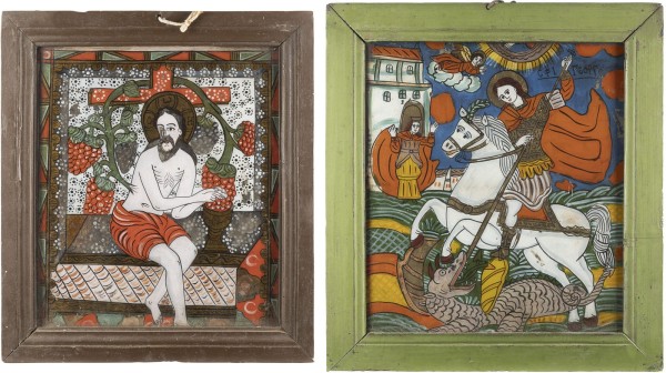 Auktion 138<br>ZWEI HINTERGLAS-IKONEN: HEILIGER GEORG DER DRACHENTÖTER UND CHRISTUS DER WEINSTOCK