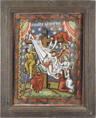 Auction 138<br>AUSSERGEWÖHNLICHE DATIERTE HINTERGLAS-IKONE MIT DER KREUZABNAHME CHRISTI