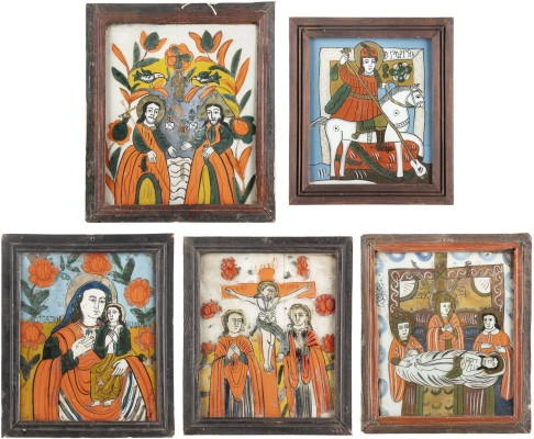 Auction 138<br>FÜNF HINTERGLAS-IKONEN: CHRISTI KREUZIGUNG, GRABLEGUNG UND BEWEINUNG, HEILIGE DREIFALTIGKEIT, HEILIGER GEORG SOWIE GOTTESMUTTER HODEGETRIA