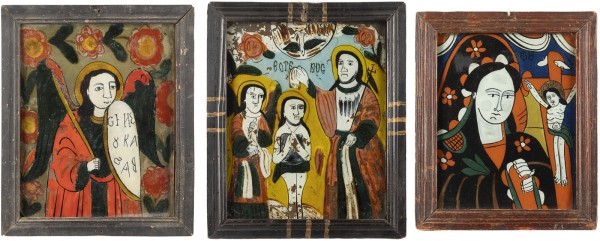 Auction 138<br>DREI HINTERGLAS-IKONEN: TRAUERNDE GOTTESMUTTER, TAUFE CHRISTI SOWIE EIN ERZENGEL