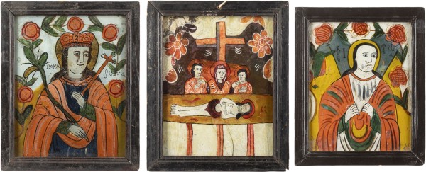 Auction 138<br>DREI HINTERGLAS-IKONEN: GRABLEGUNG CHRISTI, HEILIGE PARASKEVE, HEILIGER DEMETRIOS