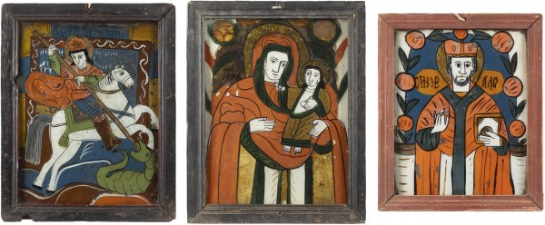 Auction 138<br>DREI HINTERGLAS-IKONEN: HEILIGER GEORG, GOTTESMUTTER HODEGETRIA, HEILIGER NIKOLAUS
