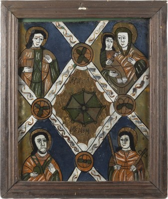 Auktion 138<br>FEINE HINTERGLAS-IKONE MIT DARSTELLUNG DER HIMMLISCHEN TAFEL