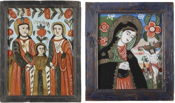 Auction 138<br>ZWEI HINTERGLAS-IKONEN: TRAUERNDE GOTTESMUTTER UND DARSTELLUNG DER HEILIGEN FAMILIE