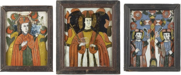 Auction 138<br>DREI HINTERGLAS-IKONEN MIT AUSGEWÄHLTEN HEILIGEN