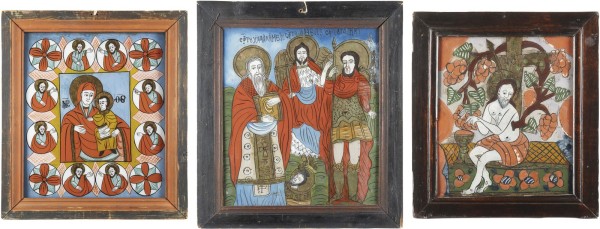 Auction 138<br>DREI HINTERGLAS-IKONEN: CHRISTUS, DER WEINSTOCK, DIE GOTTESMUTTER MIT DEM KIND SOWIE DER HEILIGE CHARALAMPES, JOHANNES DER TÄUFER UND HEILIGER MENAS