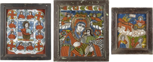 Auction 138<br>DREI HINTERGLAS-IKONEN: HIMMELFAHRT DES PROPHETEN ELIAS, GOTTESMUTTER MIT KIND UND EUCHARISTIE-DARSTELLUNG
