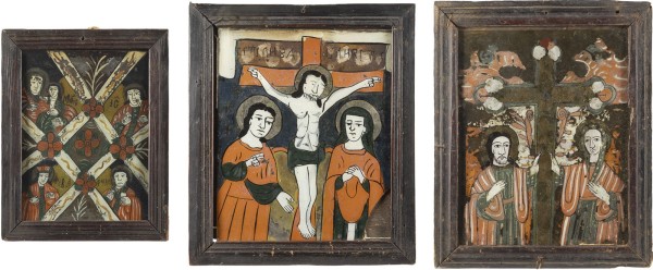 Auction 138<br>DREI HINTERGLAS-IKONEN: DIE HIMMLISCHE TAFEL, KONSTANTIN UND HELENA UND KREUZIGUNG CHRISTI