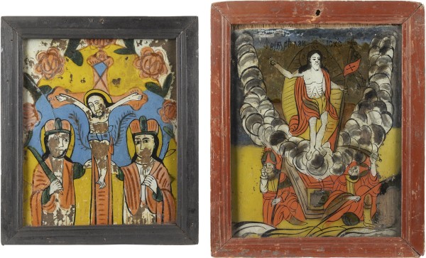 Auction 138<br>ZWEI HINTERGLAS-IKONEN: CHRISTI KREUZIGUNG UND AUFERSTEHUNG