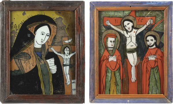Auction 138<br>ZWEI HINTERGLAS-IKONEN: KREUZIGUNG CHRISTI UND TRAUERNDE GOTTESMUTTER