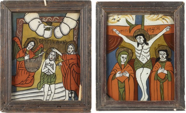 Auction 138<br>ZWEI HINTERGLAS-IKONEN: KREUZIGUNG UND TAUFE CHRISTI