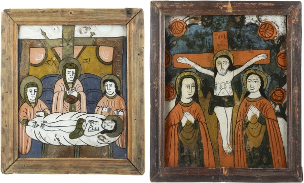 Auktion 138<br>ZWEI HINTERGLAS-IKONEN MIT DER KREUZIGUNG SOWIE DER GRABLEGUNG UND BEWEINUNG CHRISTI