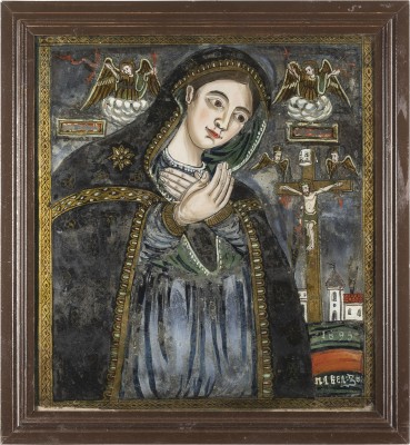 Auktion 138<br>GROSSE SIGNIERTE UND DATIERTE HINTERGLAS-IKONE MIT DER TRAUERNDEN GOTTESMUTTER