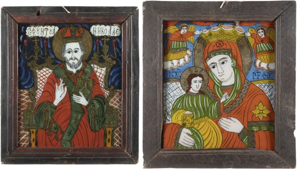 Auktion 138<br>ZWEI HINTERGLAS-IKONEN: HEILIGER NIKOLAUS UND GOTTESMUTTER MIT KIND