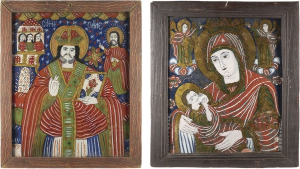Auktion 138<br>ZWEI GROSSE HINTERGLAS-IKONEN: HEILIGER NIKOLAUS UND GOTTESMUTTER GALAKTOTROPHUSA