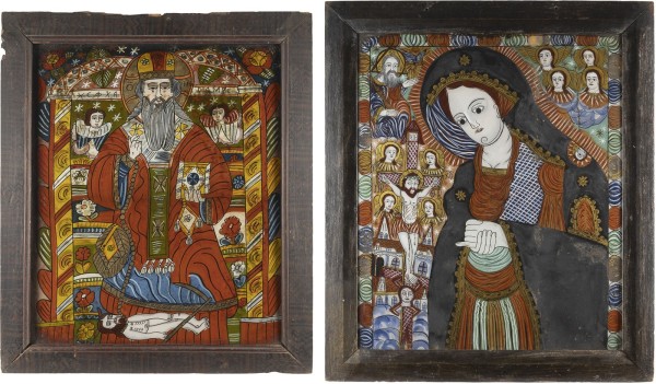 Auction 138<br>ZWEI GROSSE HINTERGLAS-IKONEN: HEILIGER CHARALAMPES UND TRAUERNDE GOTTESMUTTER