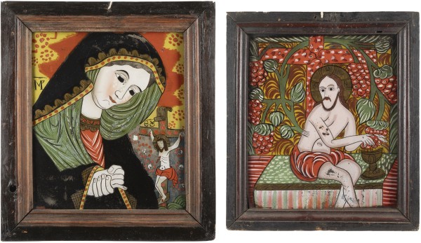Auction 138<br>ZWEI FEINE HINTERGLAS-IKONEN: TRAUERNDE GOTTESMUTTER UND CHRISTUS DER WEINSTOCK