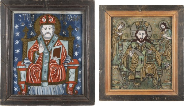 Auction 138<br>ZWEI HINTERGLAS-IKONEN: CHRISTUS ALS HOHEPRIESTER UND HEILIGER NIKOLAUS