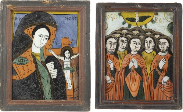 Auction 138<br>ZWEI HINTERGLAS-IKONEN: PFINGSTEN UND TRAUERNDE GOTTESMUTTER