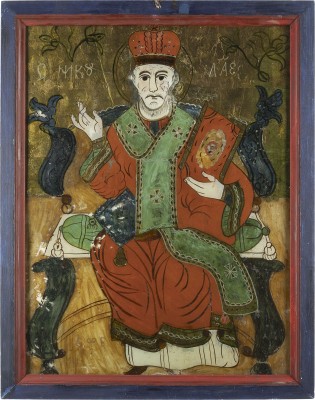 Auktion 138<br>FEINE DATIERTE HINTERGLAS-IKONE MIT DEM HEILIGEN NIKOLAUS