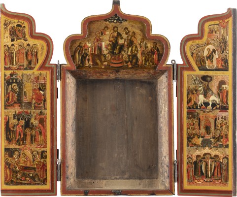 Auktion 138<br>SEHR FEINES TRIPTYCHON MIT DEESIS UND HOCHFESTEN DES ORTHODOXEN KIRCHENJAHRES