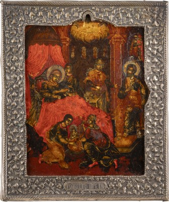 Auction 138<br>FEINE IKONE MIT DER GEBURT DER GOTTESMUTTER MIT BASMA