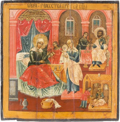 Auktion 138<br>GROSSFORMATIGE IKONE MIT DER GEBURT DER GOTTESMUTTER AUS EINER KIRCHEN-IKONOSTASE