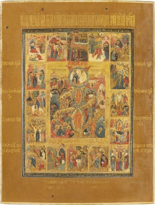 Auction 138<br>GROSSE UND FEINE IKONE MIT DER AUFERSTEHUNG UND HÖLLENFAHRT CHRISTI, DER NEUTESTAMENTLICHEN DREIFALTIGKEIT UND 16 HOCHFESTEN