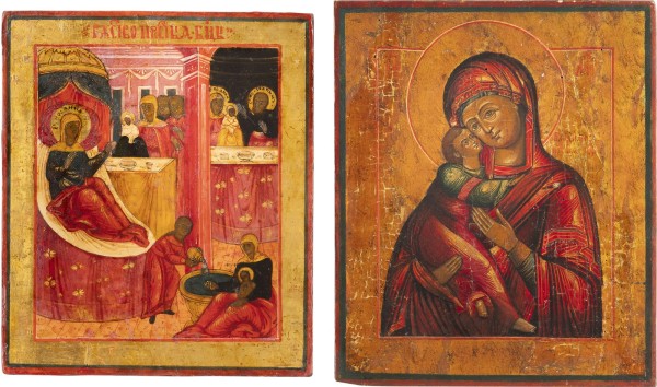 Auction 138<br>ZWEI IKONEN: GEBURT DER GOTTESMUTTER UND GOTTESMUTTER VON WLADIMIR