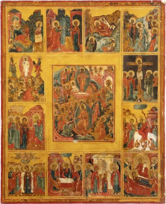 Auction 138<br>GROSSE IKONE MIT DER HÖLLENFAHRT UND AUFERSTEHUNG CHRISTI SOWIE ZWÖLF HOCHFESTEN