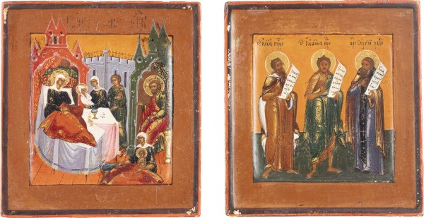Auction 138<br>ZWEI MINIATUR-IKONEN MIT DER GEBURT DER GOTTESMUTTER UND DEN HEILIGEN ELIAS, JOHANNES DEM VORLÄUFER UND SERGEJ VON RADONESCH