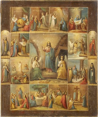 Bild GROSSE IKONE MIT DER AUFERSTEHUNG CHRISTI UND ZWÖLF HOCHFESTEN DES ORTHODOXEN KIRCHENJAHRES