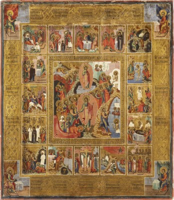 Bild IKONE MIT DER HÖLLENFAHRT UND AUFERSTEHUNG MIT 16 HOCHFESTEN DES ORTHODOXEN KIRCHENJAHRES