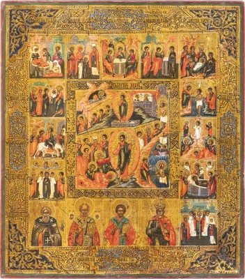 Bild SELTENE IKONE MIT DER HÖLLENFAHRT UND AUFERSTEHUNG CHRISTI, ZWÖLF HOCHFESTEN UND AUSGEWÄHLTEN HEILIGEN