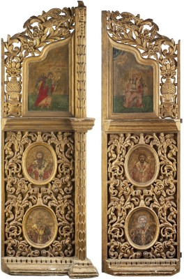 Auction 138<br>MONUMENTALE TÜREN EINER KIRCHEN-IKONOSTASE MIT DER VERKÜNDIGUNG UND VIER BISCHÖFLICHEN HEILIGEN