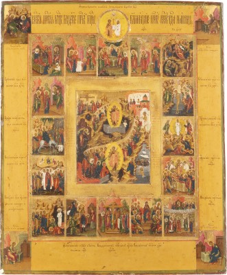 Picture GROSSFORMATIGE UND FEINE IKONE MIT DER HÖLLENFAHRT UND AUFERSTEHUNG MIT 16 HOCHFESTEN DES ORTHODOXEN KIRCHENJAHRES