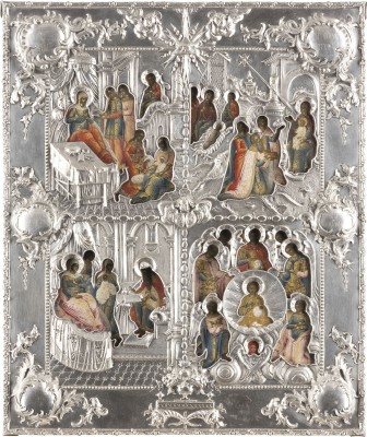 Auktion 138<br>SEHR FEINE UND GROSSE VIERFELDER-IKONE MIT DER GEBURT DER GOTTESMUTTER, CHRISTI UND JOHANNES SOWIE DER SYNAXIS DER ERZENGEL MIT SILBER-RIZA